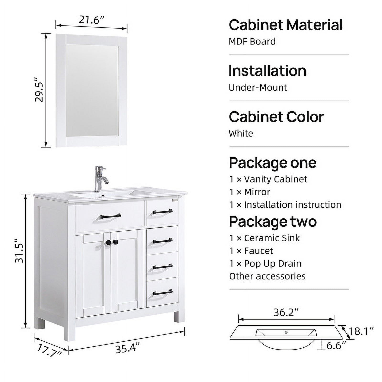 Wonline 36" Luxurious Bathroom Vanity with Sink Top,Modern Bathroom Vanities with 2-Door and 5 Drawers Cabinet,Undermount Ceramic Sink,White