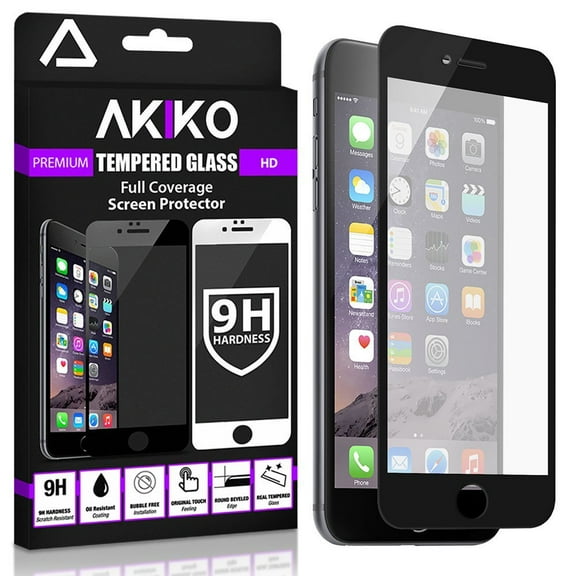 Akiko iPhone 6 6s [4.7] Black Screen Protector, Akiko New 2.5D Full Screen Tempered Glass Protector [Full Protection Cover w/ Curved Edge] - Retail Packaging