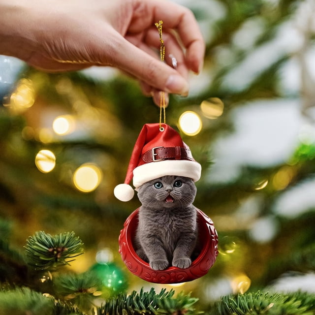 Santa-Hat Cute Cats Series Acrylic Ornaments Festive Felines Hanging Decoration For Christmas Trees
