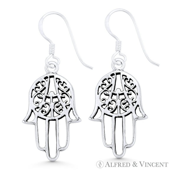 Hamsa Hand Evil Eye Luck Charm Dangling Hook Earrings in Oxidized .925 Sterling Silver