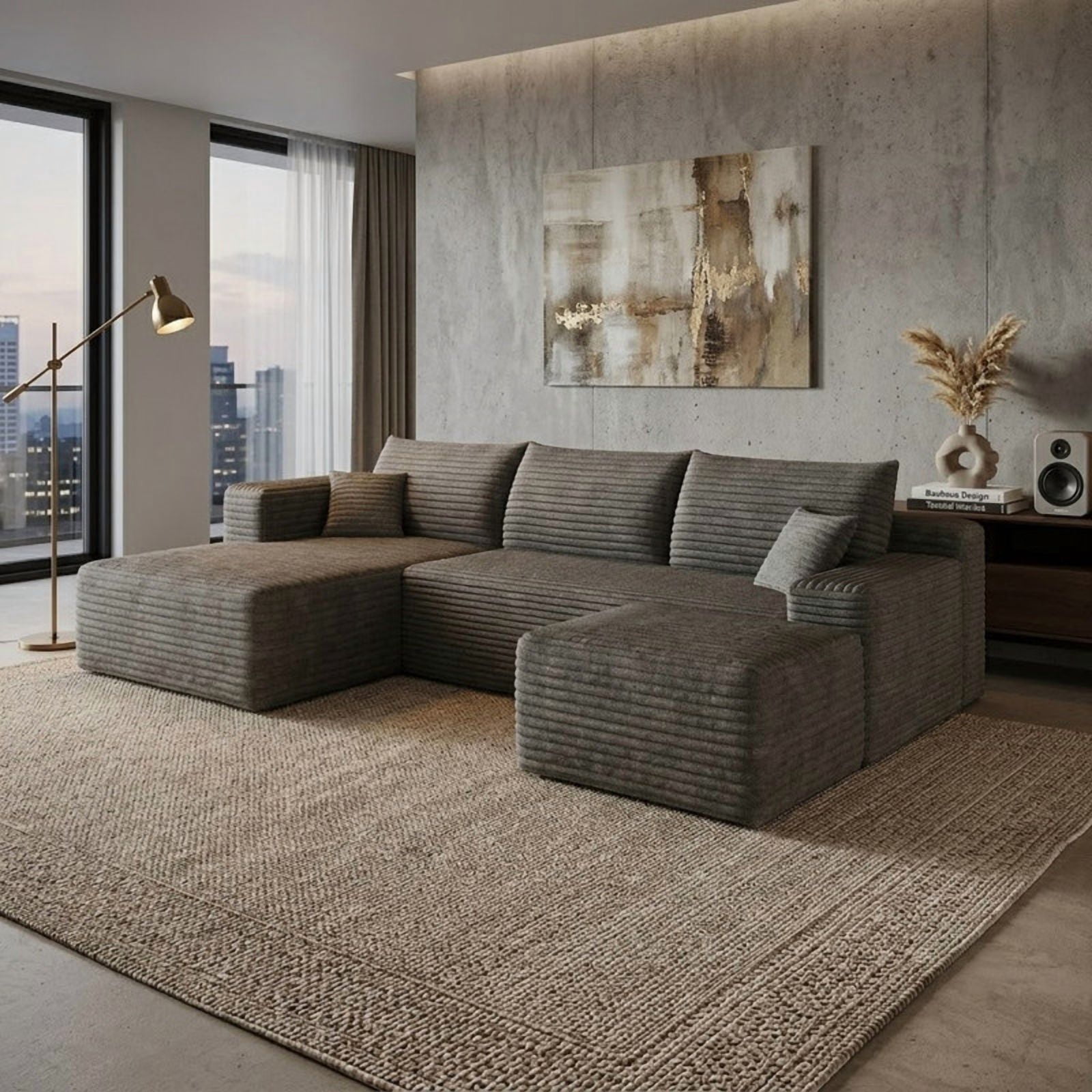 103" Cloud Sectional Sofa with Ottoman, Modern U-Shaped Modular Couch with Reversible Chaise Lounge, Plush Corduroy Upholstered Deep Seat Sofa for Living Room, Apartment, No Assembly Required