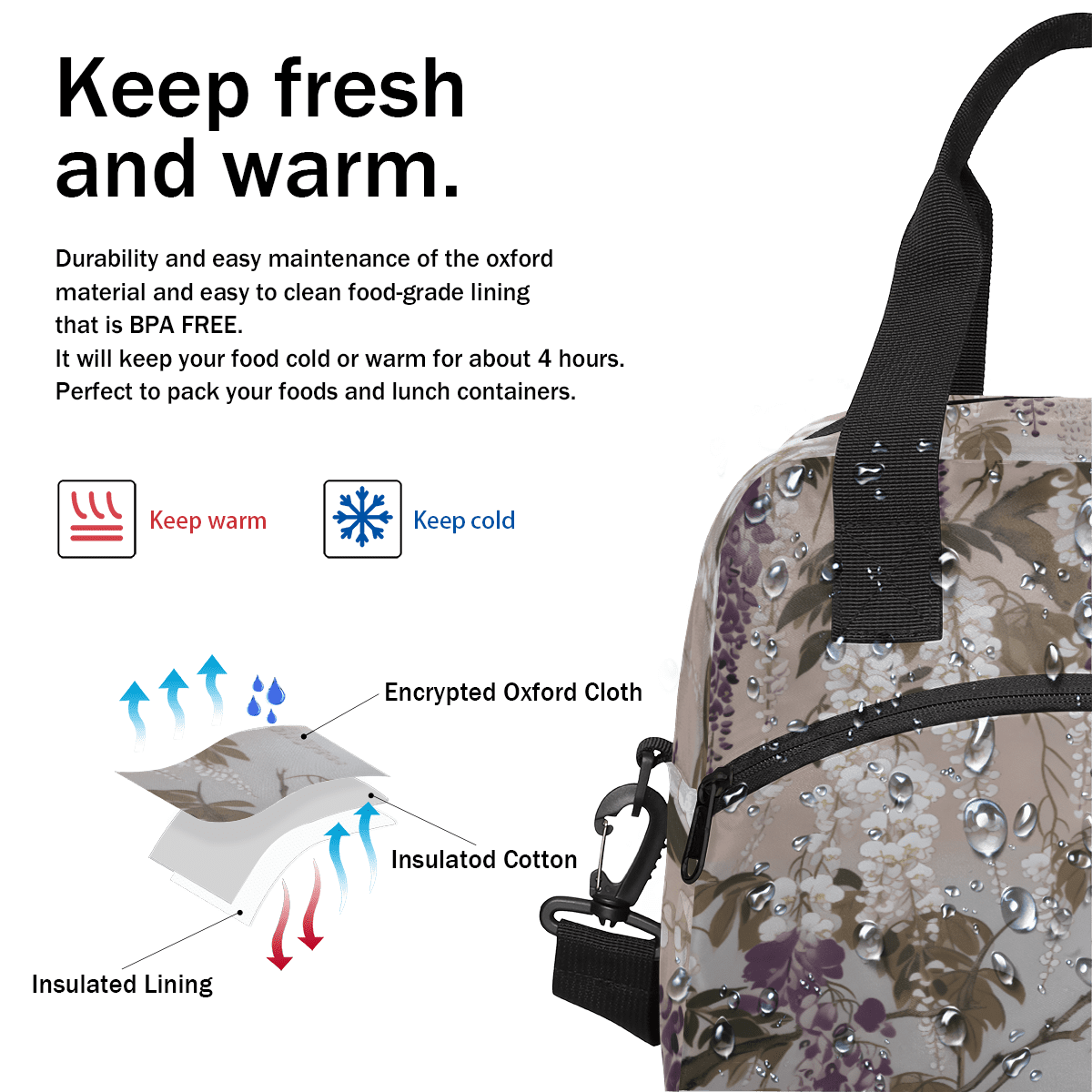 Herdesigns Floral Wisteria Insulated Lunch Bag for Women Men Adults Large Reusable Lunch Box Purple Flower Leakproof Cooler Tote Bags with Adjustable Shoulder Strap