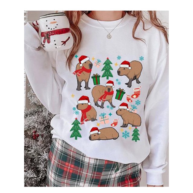 Sudaderas holgadas navideñas para mujer, con estampado animal, cuello redondo, manga larga, jerséis, tops, sudaderas informales de gran tamaño para otoño e invierno 2025