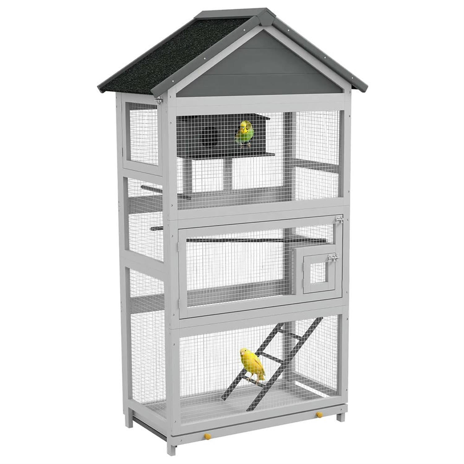 resenkos 67" Height Wooden Indoor Bird Cage Aviary with Rolling Stand, Slide-Out Tray for Parrots Conures Lovebird Cockatiel Parakeets, Gray
