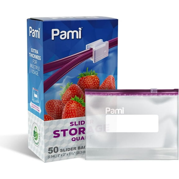 PAMI Quart Food Storage Bag 50 count Clear Plastic Reusable Slider Bag with Expandable Base and Write-On Label