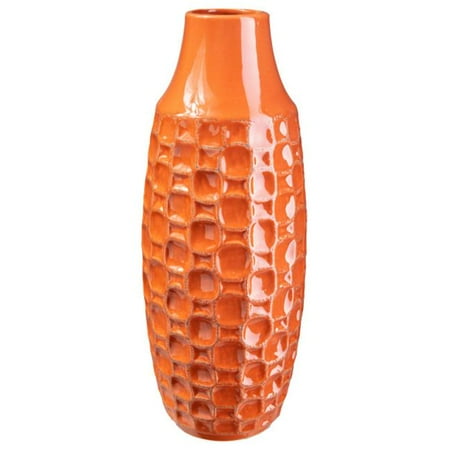 Ceramic Tall Round Vase with Engraved Abstract Design Lower Body LG Gloss Finish Orange