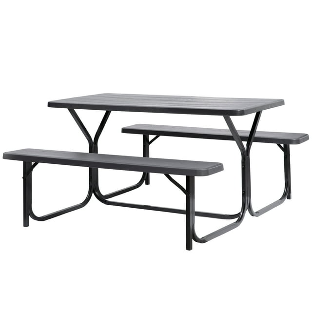 Gardenised Outdoor Gray Woodgrain Picnic Table Set, 5 Feet Long, Metal Frame, Gray (1 Count)