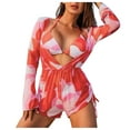 thumbnail image 3 of Jacenvly 2024 Bikini with Kimono Cover up Set Casual Long Sleeve Swimsuit Contrast Color with Cover up Surfing Swimwear Skin-Friendly Women'S 3 Piece Print Side Set with Cover up Red, 3 of 8