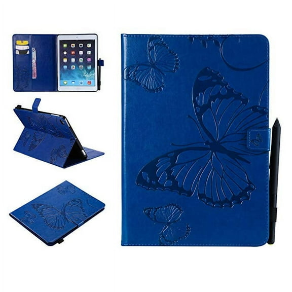 iPad Air 1/2, iPad 9.7" 2017/2018 case, Allytech Embossed with Butterfly Series AUTO WAKE/SLEEP Folio Stand Wallet Case with Cards/Cash Holder for iPad Air 1/2, iPad 9.7" 2017/2018 Tablet, Blue