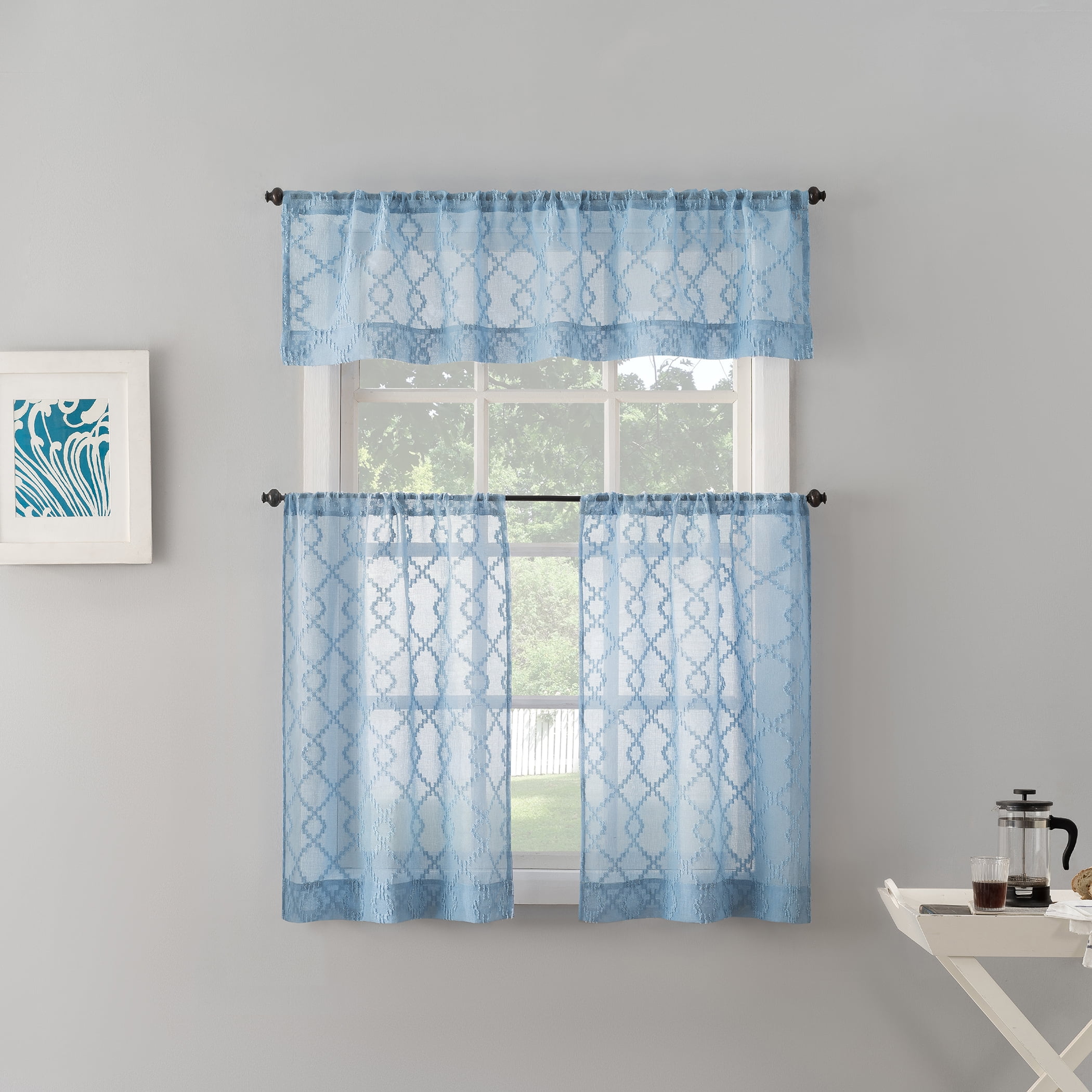No. 918 Tina Geometric Clipped Semi-Sheer Rod Pocket Kitchen Curtains, 54"x24"