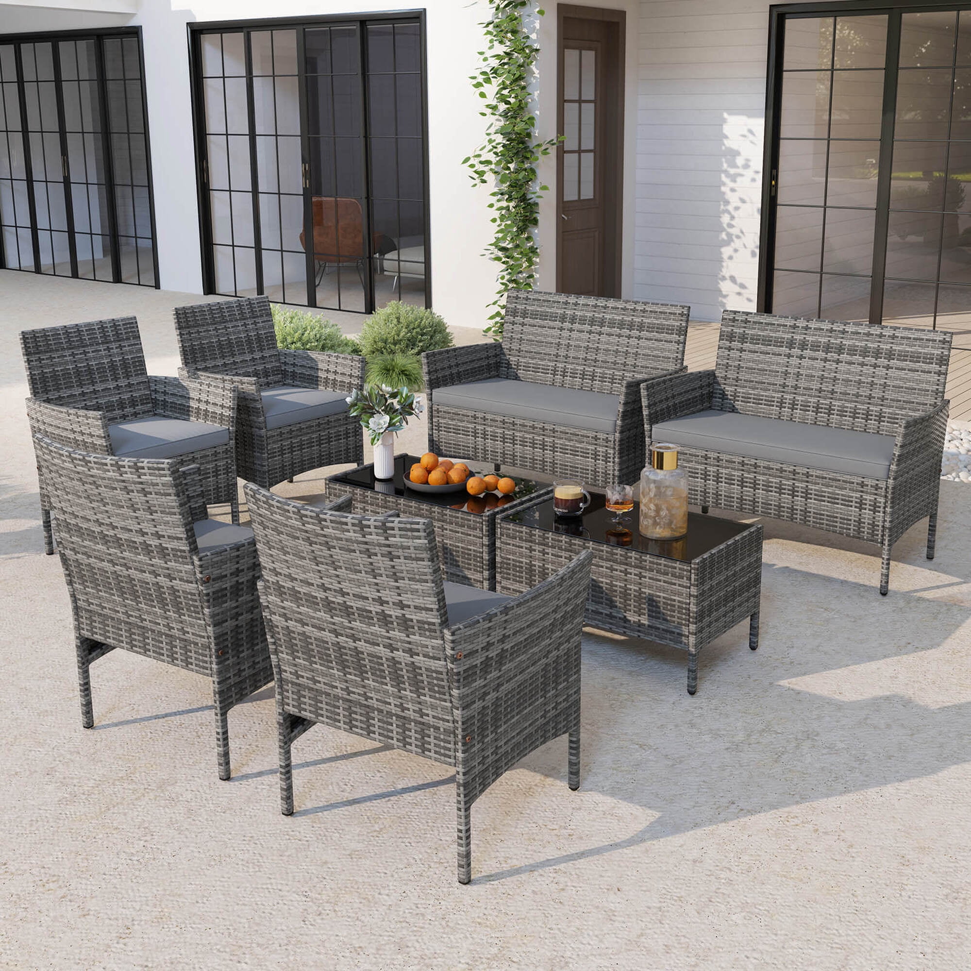 Costway 8 PCS Patio Furniture Set with Washable Cushions and Tempered Glass Coffee Table Gray