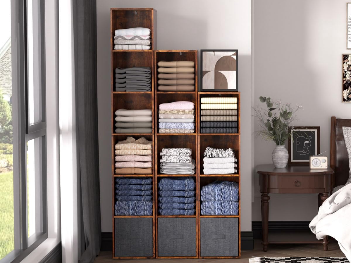 VAFHYLLIS 3 Cube Storage Organizer, 3 Tier Cube Low Bookcase Freestanding Storage Display Organizer for Home Office, Three-Cubes Open Shelf Short Bookshelf (Retro Brown, 3 Cube)