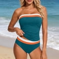 thumbnail image 1 of POUNOO Womens Tankini Swimsuits Slim Fit Strapless Color Block Stripe Ruched Detail High Waist Bathing Suits Beach Vacation Style Swimwear Gift, 1 of 5