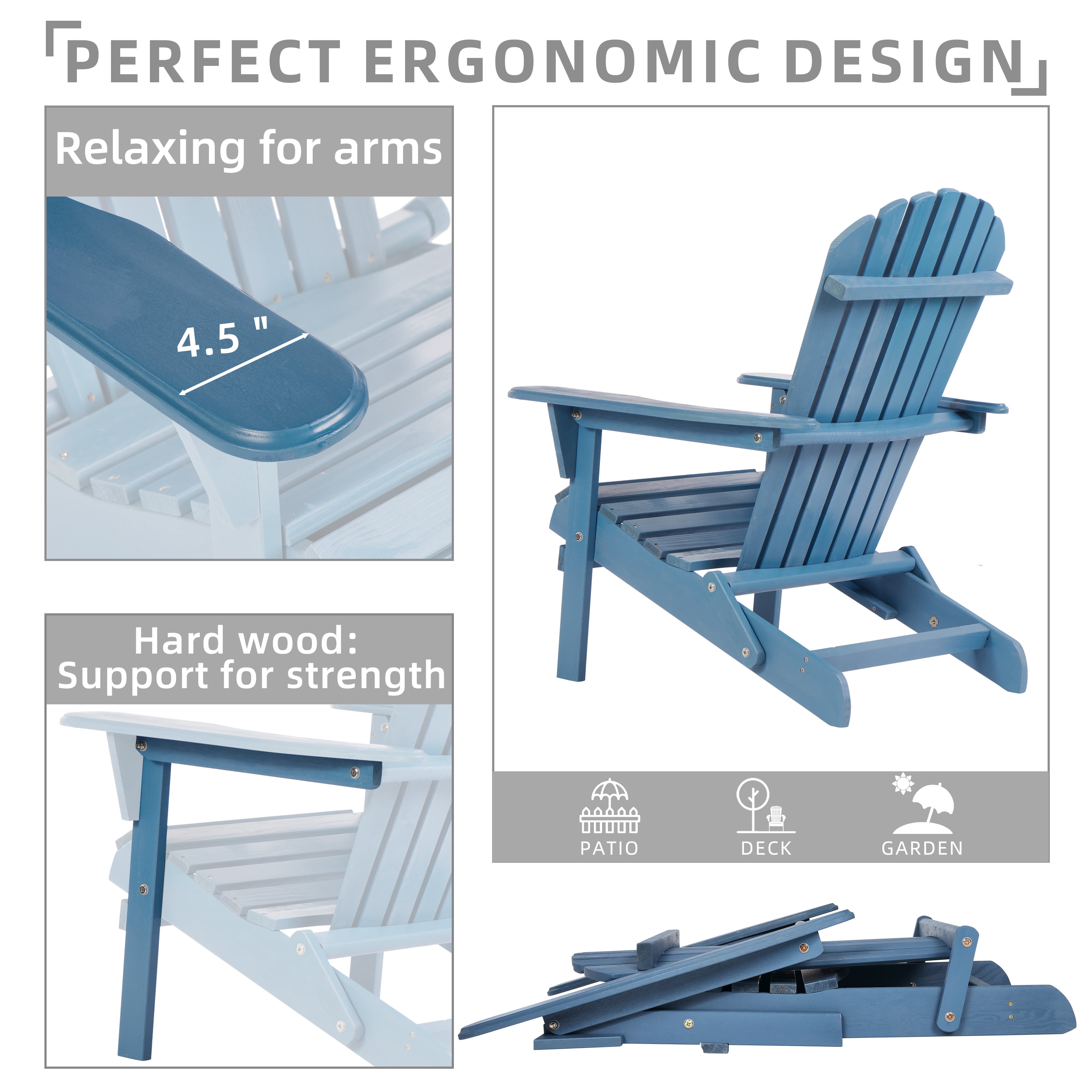 Outdoor Wooden Folding Adirondack Chair with Retractable Ottoman, Pre-Assembled BackRest & SeatBoard, Wood Patio Chair for Garden Backyard Porch Pool Deck Firepit