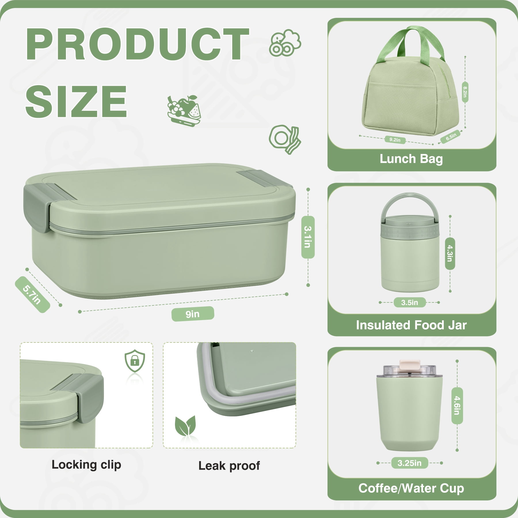 Bento Lunch Box Set with 10.5oz Soup Thermo for Adults Kids, Leak-proof Food Jar Lunch Container with 4 Compartment, Stainless Steel Coffee Tumbler with Lunch Bag for School Travel Office Green
