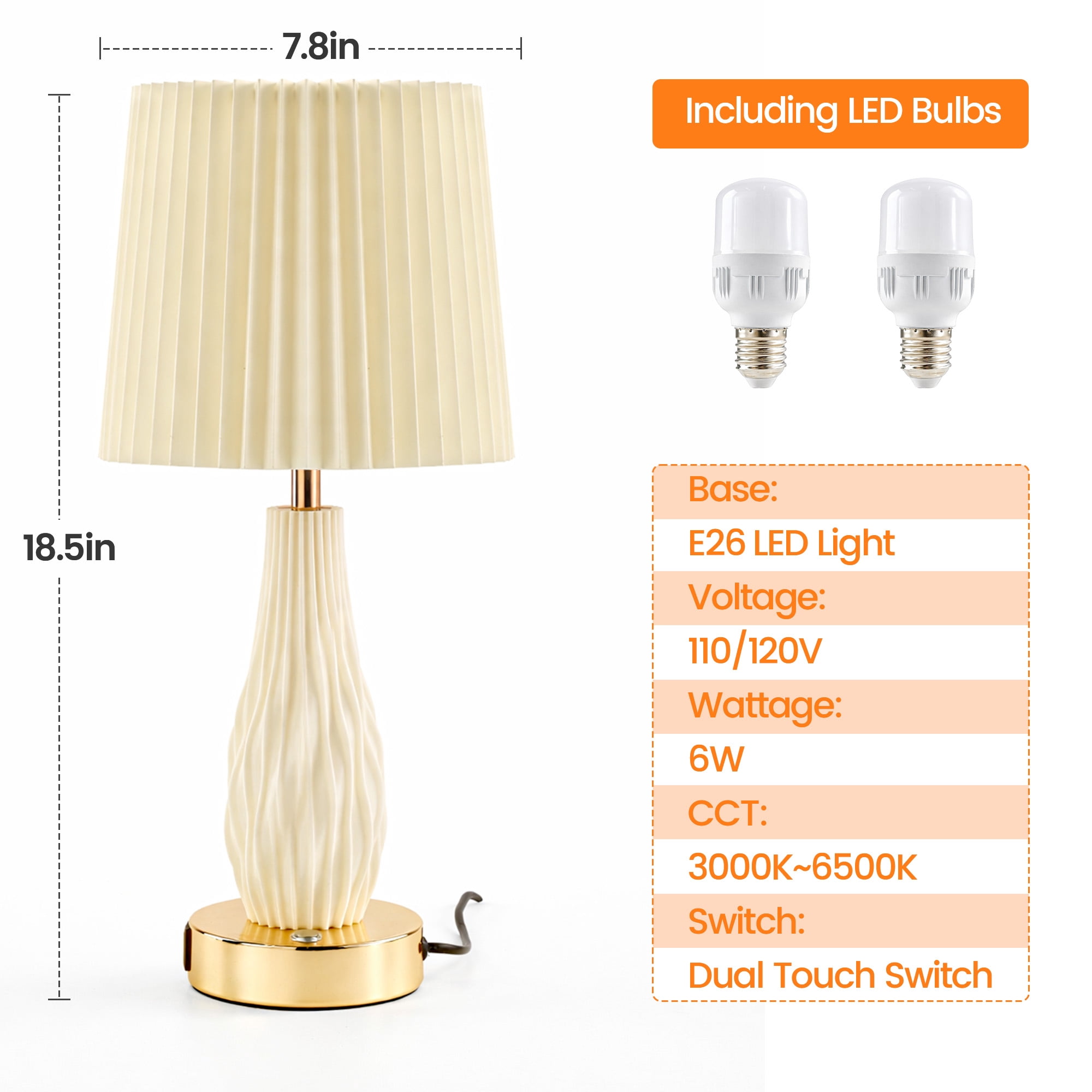 HadinEEon 18.5" Table Lamp Set of 2, Beside Lamp with USB A&C Ports and Night Light, Touch Control 3 Way Dimmable, for Living Room Bedroom Office