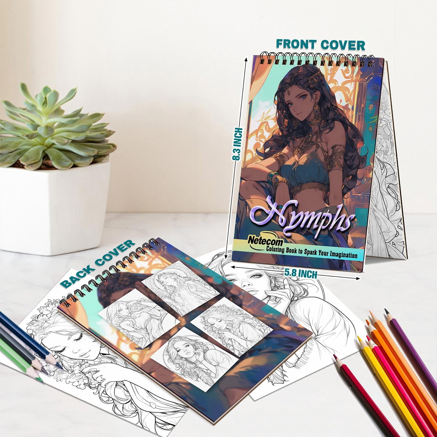 Netecom Nymph Coloring Book Spiral Bound for Adults, A5 Wooden Cover, 30 Enchanting Coloring Pages of Mythical Beauties for Stress Relief and Relaxation