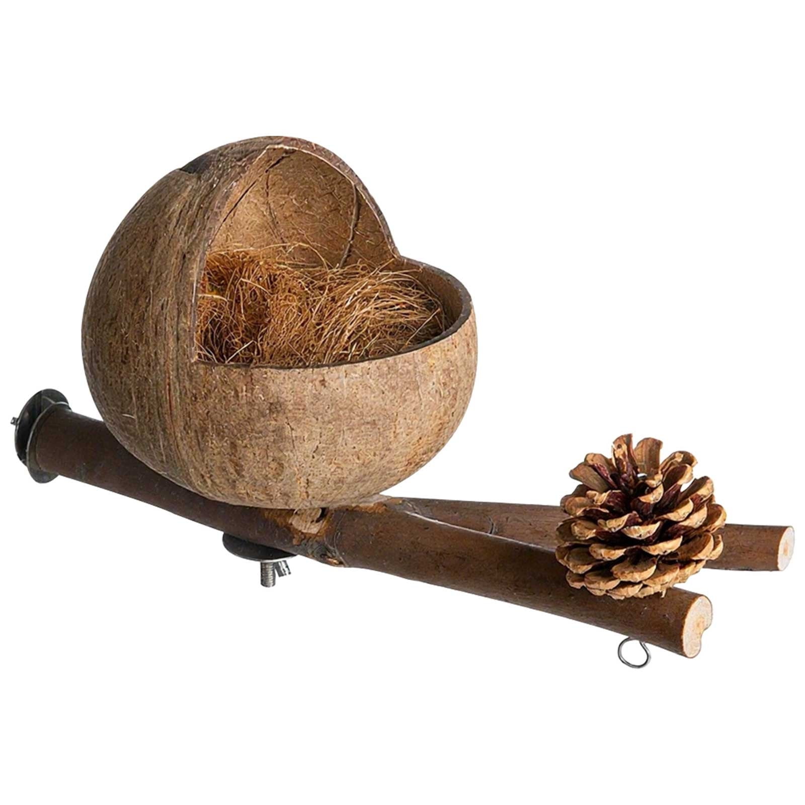 Natural Coconut Shell Bird Nest Hanging Hideaway for Small Birds Eco-Friendly Breathable Sleeping Shelter with Perch for Budgies Parakeets Canaries Finch Bird Cage Accessories