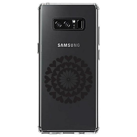 DistinctInk Clear Shockproof Hybrid Case for Samsung Galaxy Note 8 - TPU Bumper Acrylic Back Tempered Glass Screen Protector - Black Hearts Mandala
