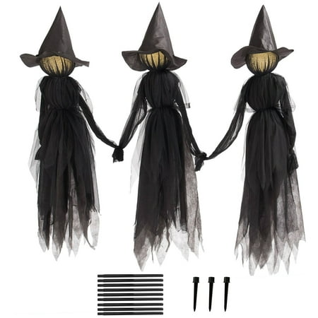 3 PCS Halloween Witch Decorations Outdoor  59  Large Light-Up Holding Hands Halloween Witches with Stakes  Voice Control Screaming Lighted Witches Waterproof Life Size for Outdoor Halloween Decor