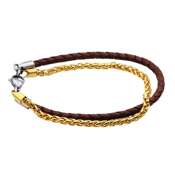 Mens Gold Plated Stainless Steel Brown Leather Bracelet