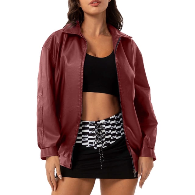 Birdeem T-Shirts pour Femmes Mode Femmes Couleur Unie Manches Longues Col Rabattu Fermeture Éclair Sans Capuche Poche Veste en Cuir Veste en Cuir Femmes Longue