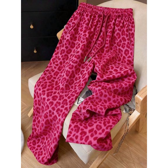 Women's Pink Leopard Print Wide Leg Sweatpants, Elastic Drawstring Casual Loose Trousers