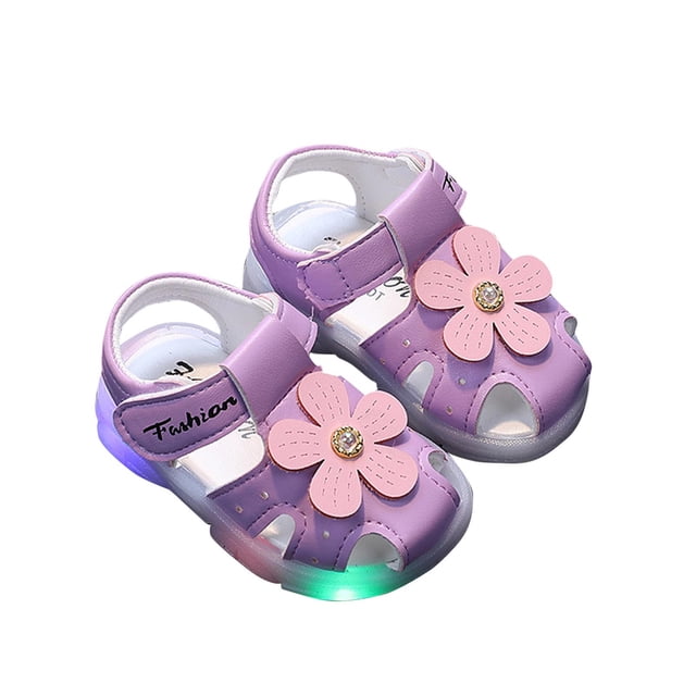 GreatBaby Summer Non-Slip Beach Shoes Girls' Glow-in-Sandals Floral Princess Walking Shoes with LED Lights & Protective Toe-Cap Design