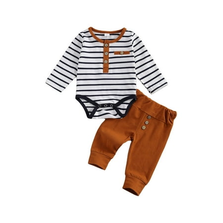 

Yinyinxull Newborn Baby Boy Fall Winter Clothes Striped Romper Bodysuit Pants 2Pcs Outfits Yellow 0-3 Months