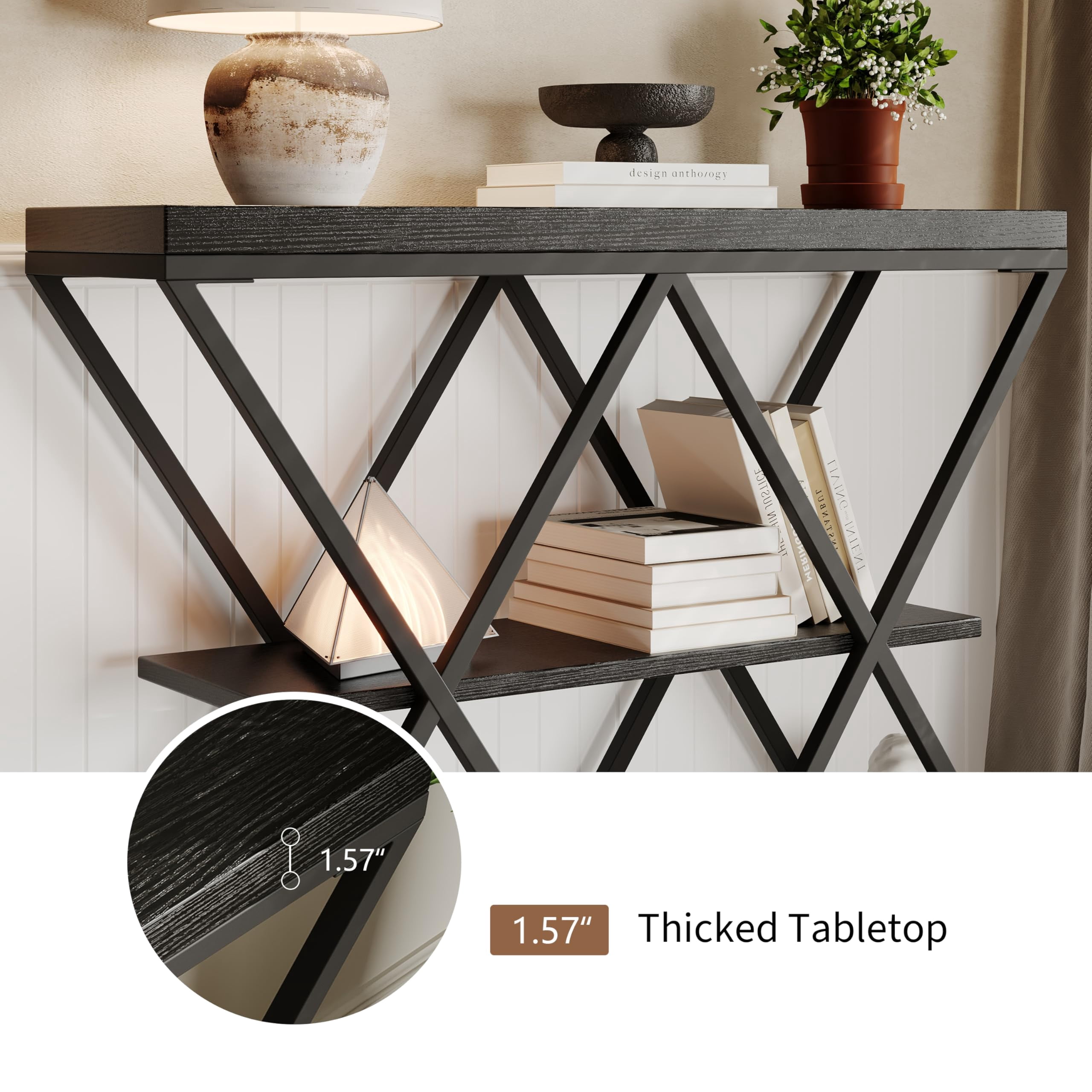3-Tier Industrial Entryway Console Table - X-Shaped Metal Frame & Open Storage Shelves, Ideal Hallway Accent Table