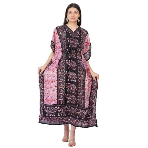 Women's Kaftan Dress Beach Cover Up Tribal Ethnic Print Plus Size Loose Kimono Maxi Dress - Color Black Elephant