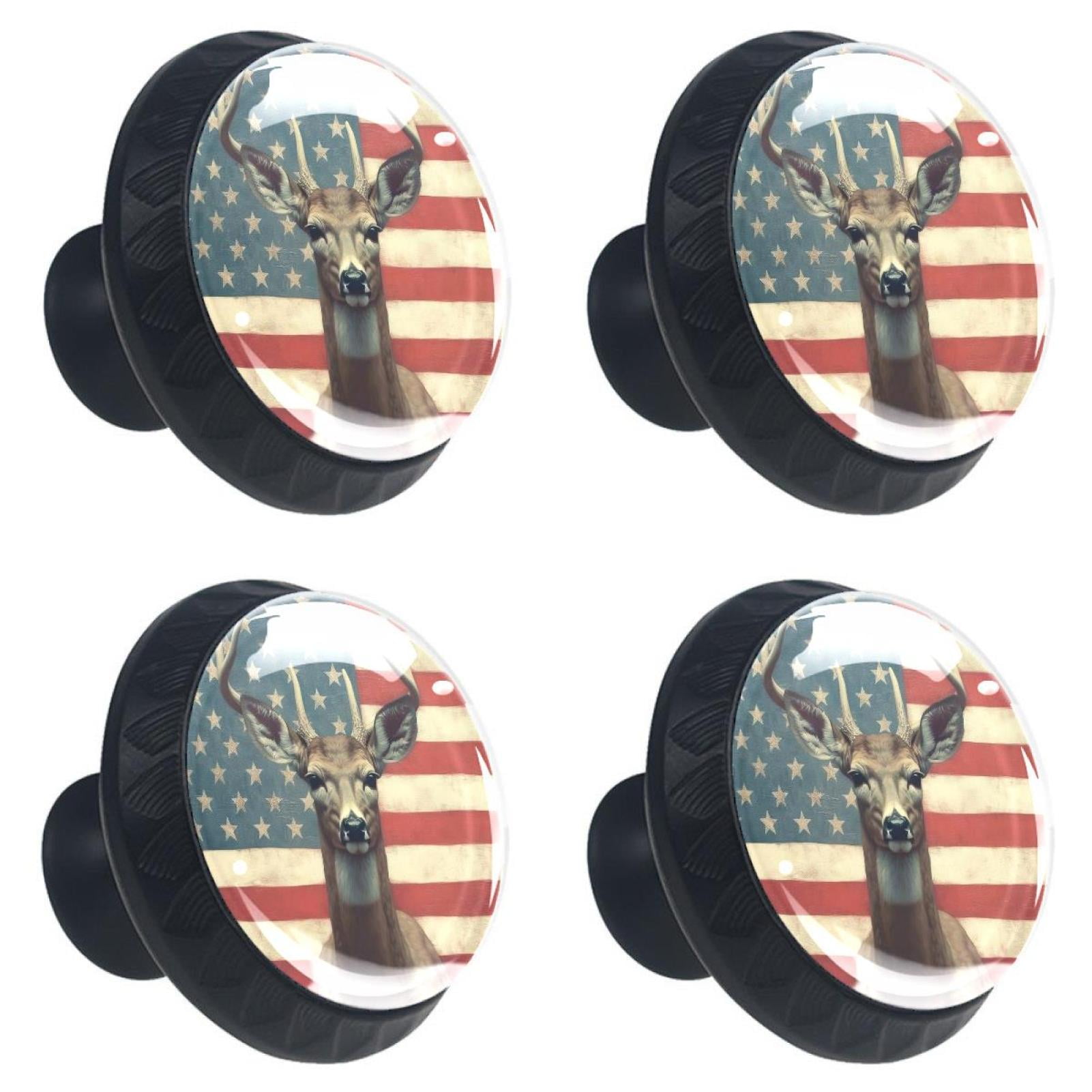 4 Pcs Deer and American Flag Knobs for Kitchen Cabinet Cupboard Dresser Bookcase Drawer Pulls Handles Round Home Decor