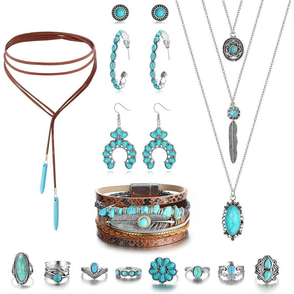 Bohemian Turquoise Jewelry Set Vintage and Versatile Bohemian Style Alloy Pendant Necklace Bracelet Earrings Rings Fashion Accessories Boho Turquoise Layered Necklaces