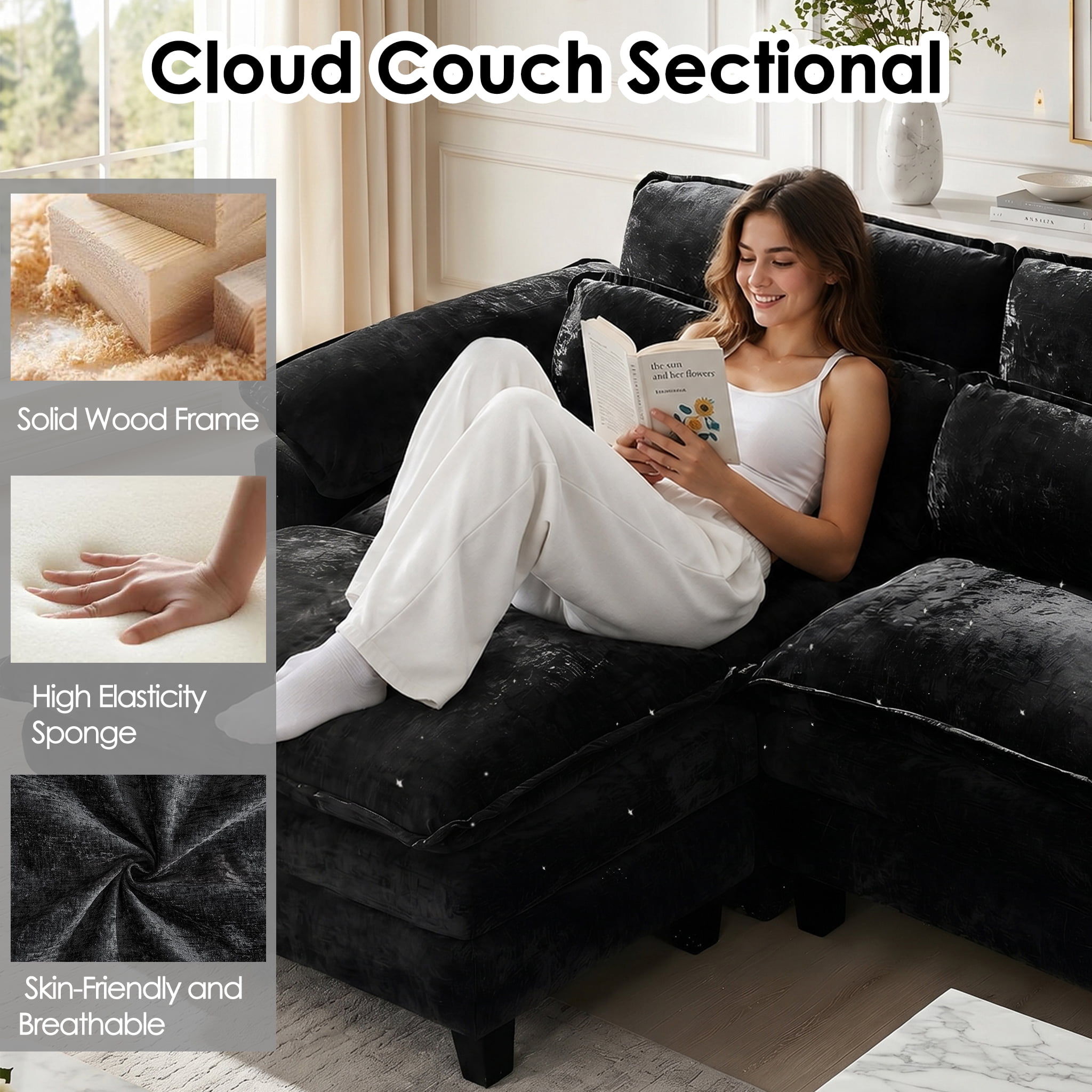 AISWORD U Shaped Cloud Couch Sectional, Oversized Modular Sofa with USB Charging, Hidden Storage, Cup Holders & Double Chaise for Living Room, Black