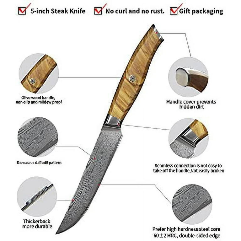 XT XITUO Steak Knives Set of 6 Piece Damascus Patterned Stainless Steel  Serrated Knife Wooden Handle Beef Cleaver Multipurpose Restaurant Cutlery