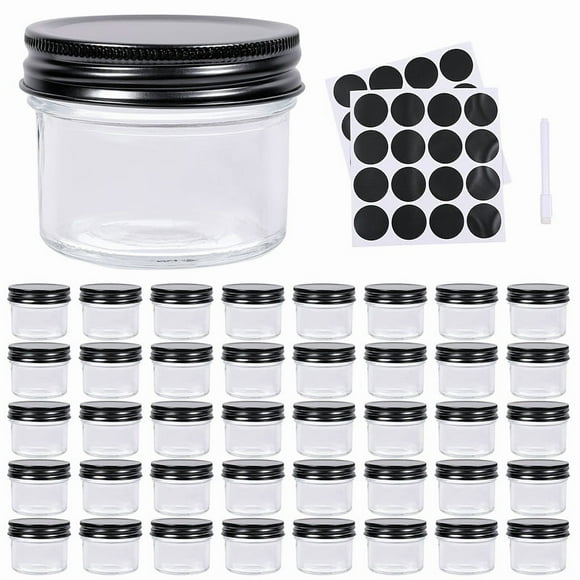HLONK 40-Pack Mini Wide Mouth Glass Mason Jars with Lids - 4oz Clear Reusable Canning Jars for Honey Jam Jelly Baby Food Wedding Favors Shower & Spice Storage - Hand Wash Only Round