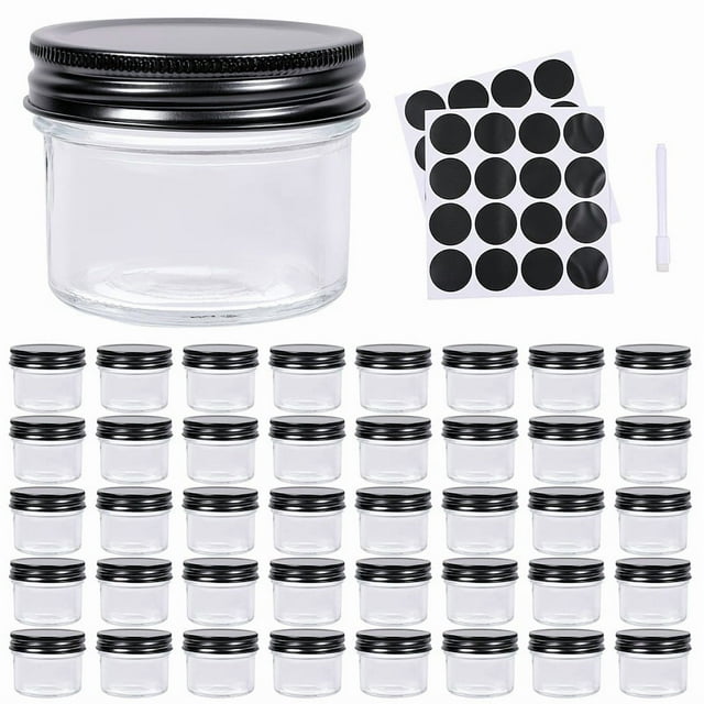 HLONK 40-Pack Mini Wide Mouth Glass Mason Jars with Lids - 4oz Clear Reusable Canning Jars for Honey Jam Jelly Baby Food Wedding Favors Shower & Spice Storage - Hand Wash Only Round