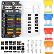 Fuse Block, 12v Fuse Box Holder with Led Indicator Waterproof Cover, Cyrico 12 Circuit Panel with Negative Bus for 12V/24V Automotive Car Truck Boat Marine Rv Trailer, 24 Pcs Blade Inserts