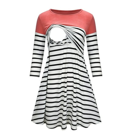 

Fragarn Maternity clothes Women Maternity Fashion 3/4 Sleeve Striped Print Dress For Breastfeeding