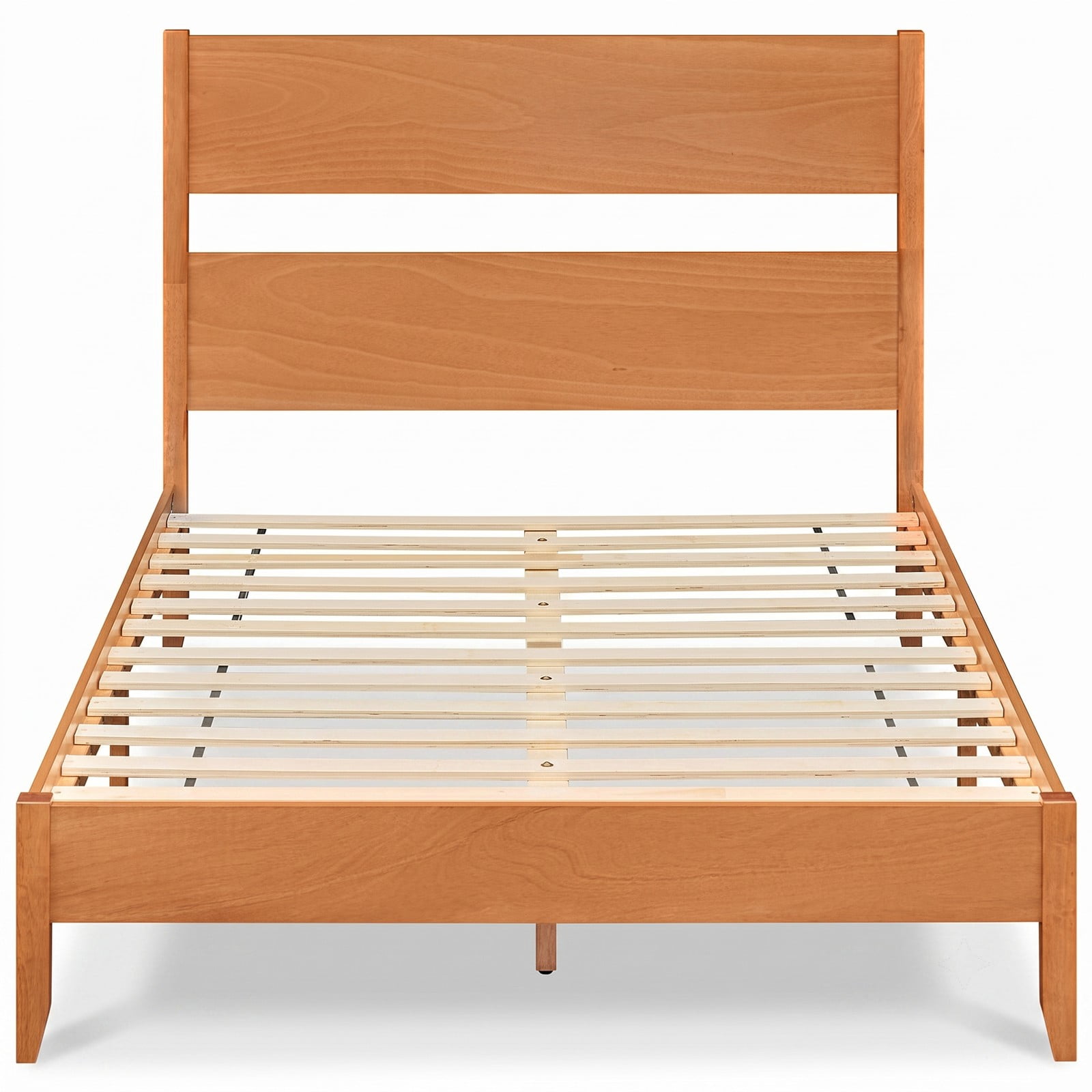 Furnibear Full Size Bed Frame Wood Platform Bed with Panel Headboard, Solid Wood Legs and 12 Slats for Bedroom, Warm Brown