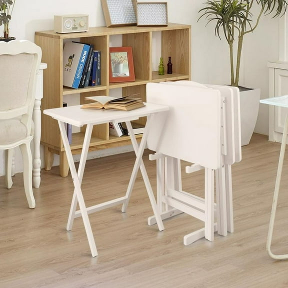 5 Piece TV Tray Table Set in White (4 Trays, 1 Stand)