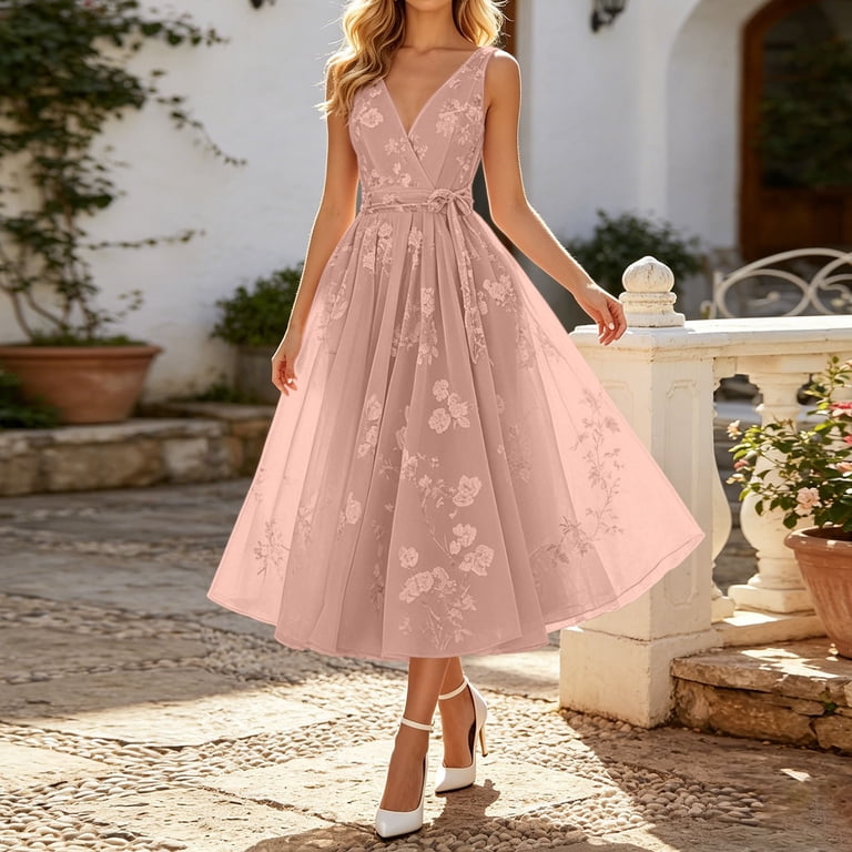 Y-Sunset Womens Floral Midi Dress V Neck Sleeveless A Line Wedding Guest Dress Elegant Fit and Flare Cocktail Party Dress ,Birthday Dress(Yellow/XXL)