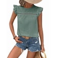 thumbnail image 2 of Women Summer Eyelet Tops Dressy Casual Crew Neck Ruffle Cap Sleeve Boho Shirts Lace Embroidered Blouses 2025 Light green L, 2 of 5