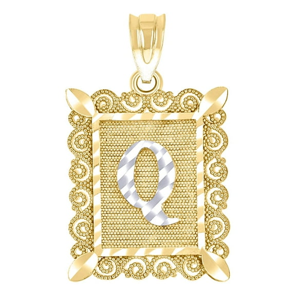 10k Two-tone Gold Unisex Sparkle-Cut Letter Name Personalized Monogram Initial Q Charm Pendant Necklace 20.9x12.20mm Wid