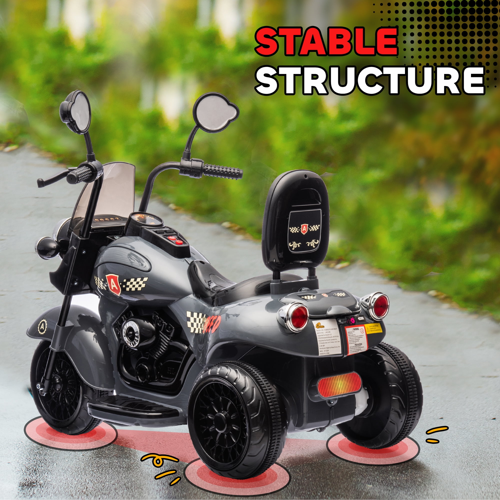 Qaba Electric Motorcycle for Kids, 3 Wheel 6V Battery Powered Motorbike w/ Headlights, Music, Forward & Reverse, Gray