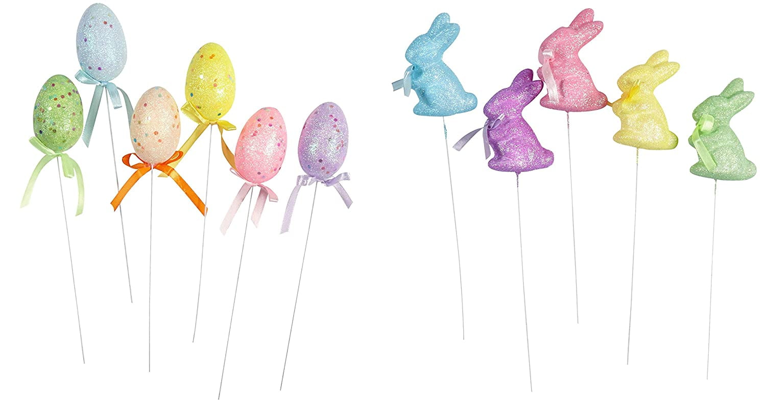 Decorated Foam Easter Egg and Bunny Shaped Easter Basket Flower Picks
