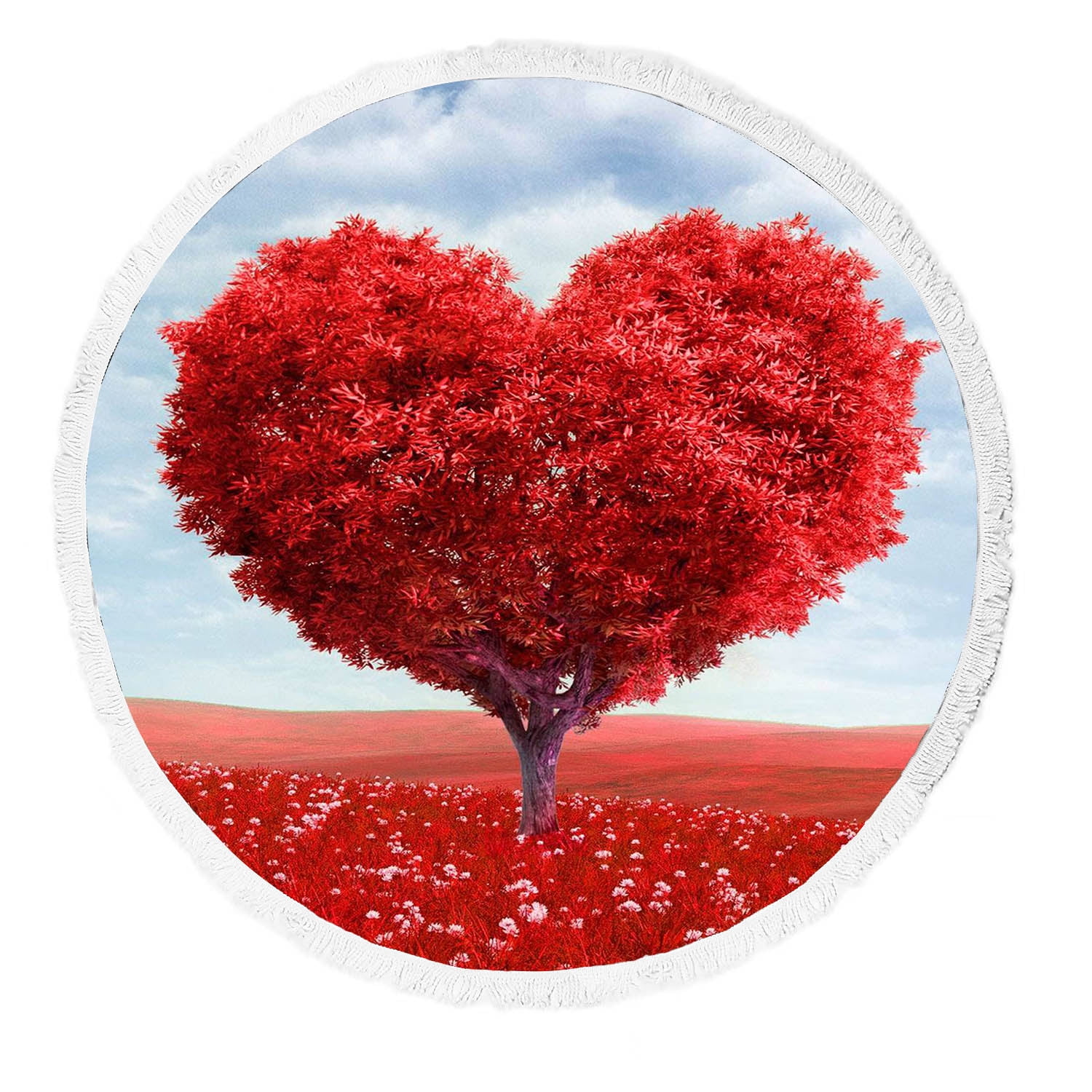 YKCG Valentine Heart Shaped Pink Love Tree Red Flower Blue Sky Round