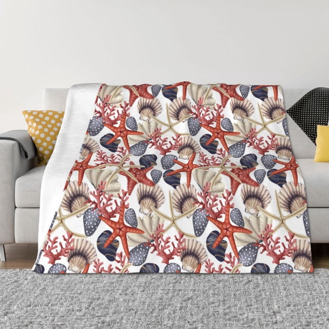 Balery Starfish Shell Manta de Franela con Dibujo, Lujo Ultra Suave y Cálido, Antipelusa y Resistente a las Arrugas para Cama, Sofá, Camping -60"x50"