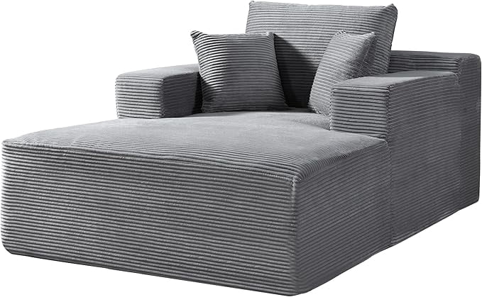 Chaise Lounge Chair Indoor – Oversized Corduroy Couch with Wide Armrest & Throw Pillows, Cozy Boneless Sleeper Sofa Bed Armchair