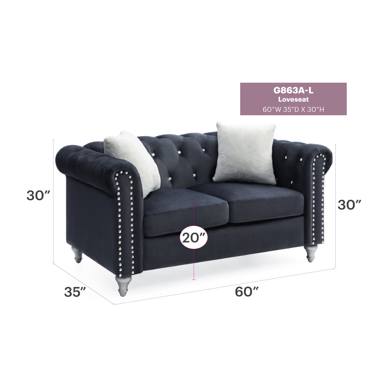 Glory Furniture Raisa Velvet Loveseat in Black